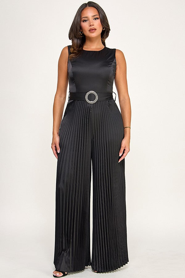Sleeveless Belt Detail Pleated Pants Jumpsuit
