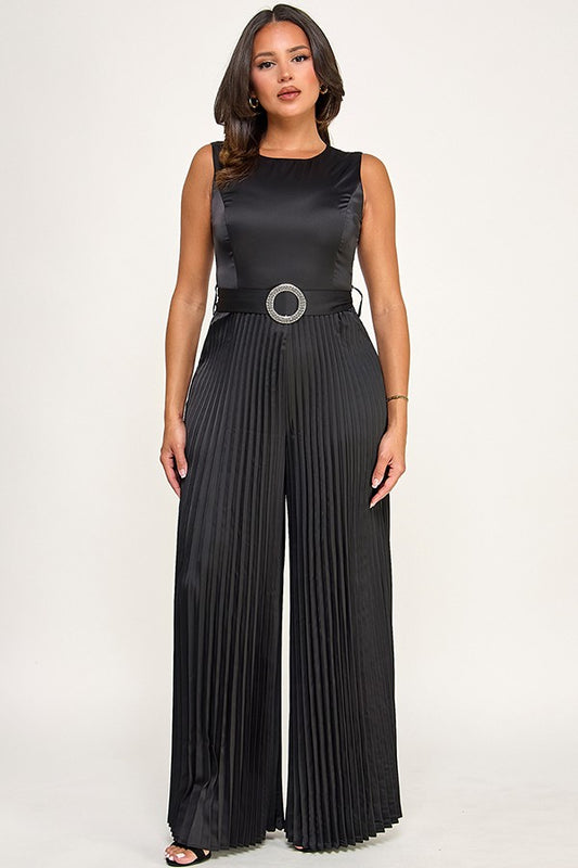 Sleeveless Belt Detail Pleated Pants Jumpsuit