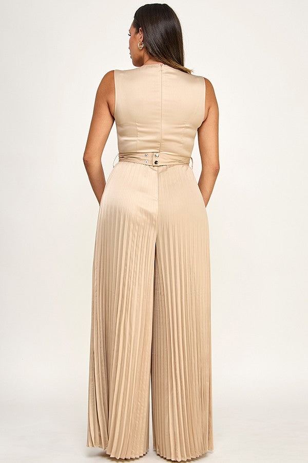Sleeveless Belt Detail Pleated Pants Jumpsuit