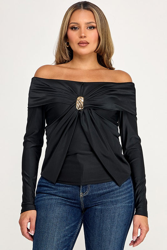 Long Sleeve Off The Shoulder Gold Trim Top