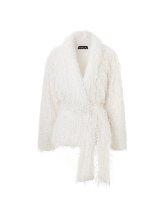 Belted Fringe Shawl Collar Jacket