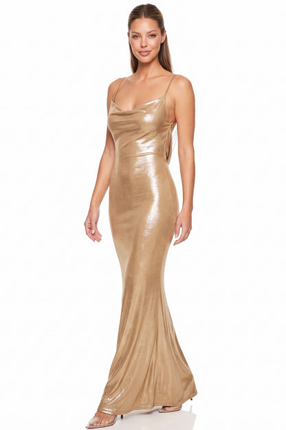 Foil Cowl Chain Back Sleeveless Maxi Dress
