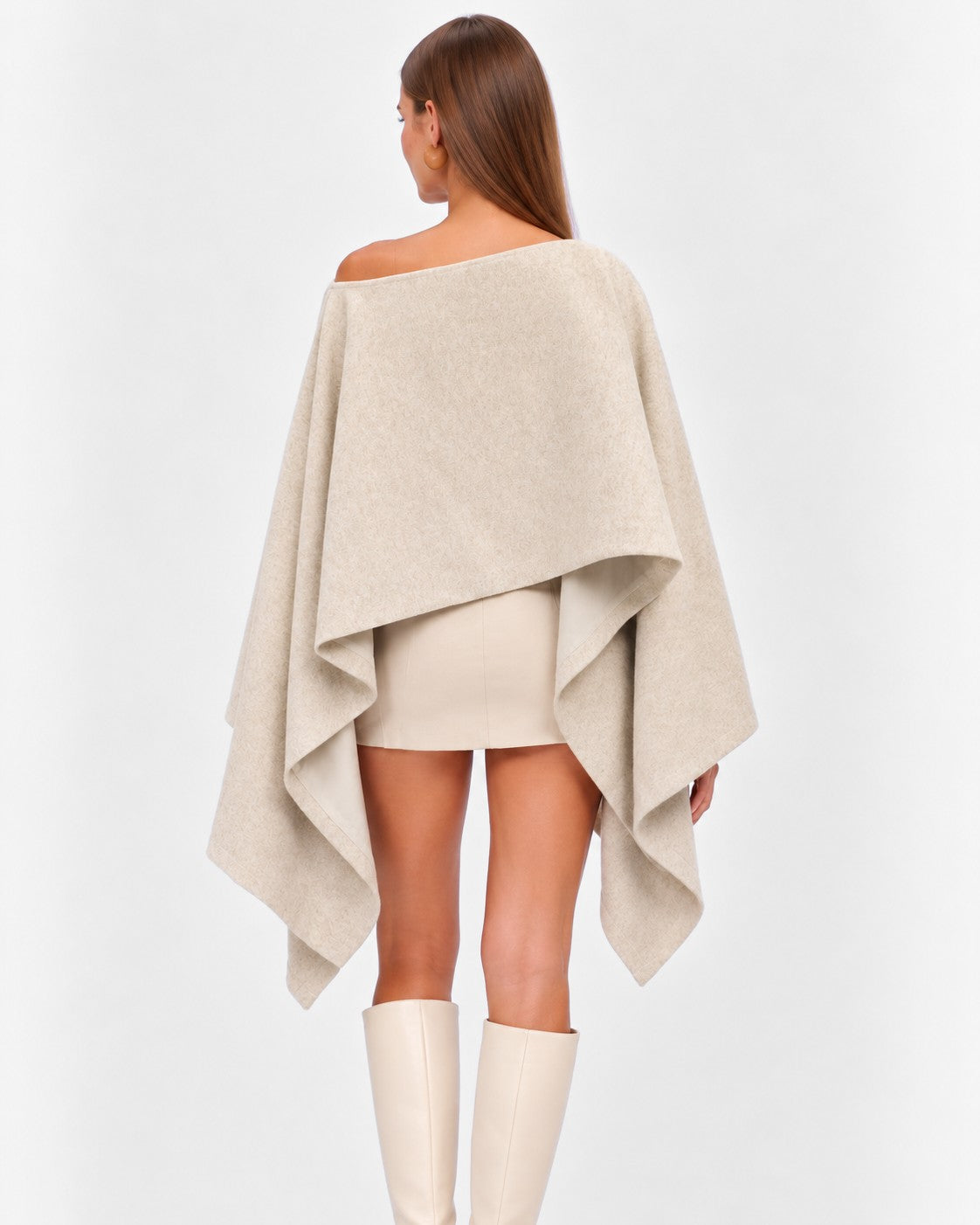 Wool Flannel Off The Shoulder Wide Sleeve Poncho Top