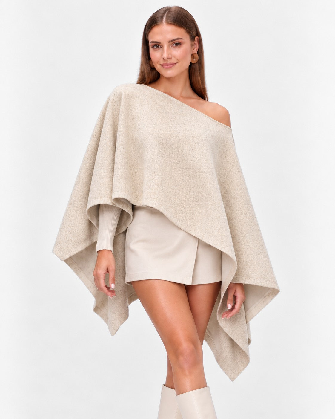 Wool Flannel Off The Shoulder Wide Sleeve Poncho Top