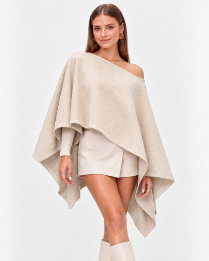 Wool Flannel Off The Shoulder Wide Sleeve Poncho Top
