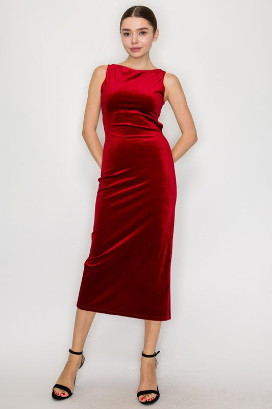Back Cutout Velvet Sleeveless Midi Dress