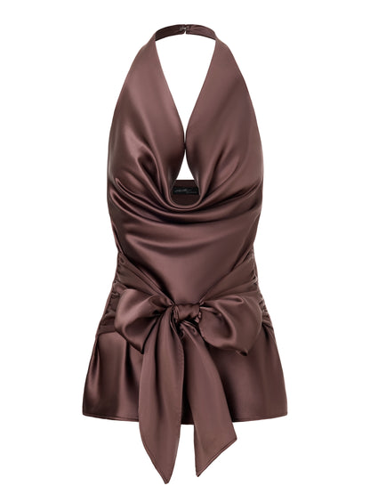 satin tie waist cowl halter top