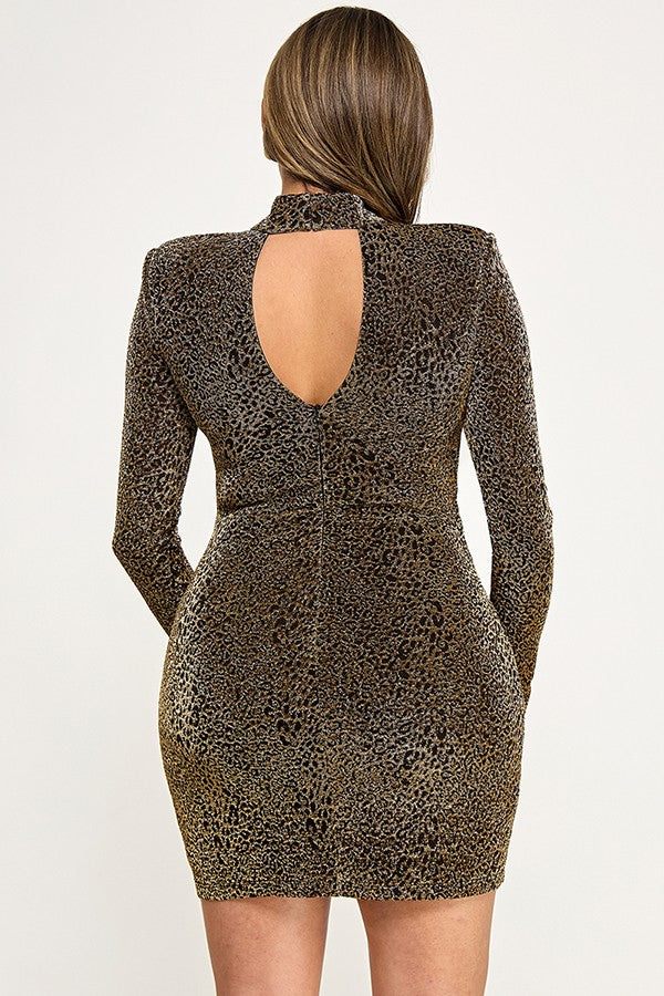 Long Sleeve Metallic Printed Ruched Detail Mini Dress