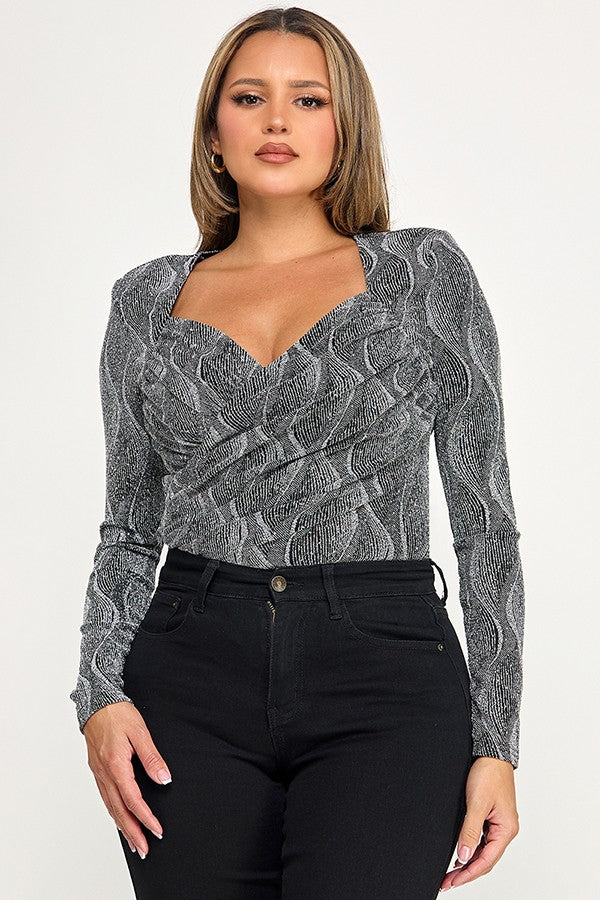 Long Sleeve Surplice Metallic Bodysuit