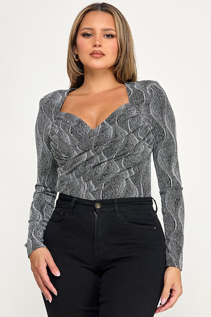 Long Sleeve Surplice Metallic Bodysuit