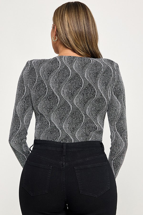 Long Sleeve Surplice Metallic Bodysuit