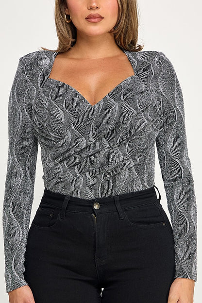 Long Sleeve Surplice Metallic Bodysuit