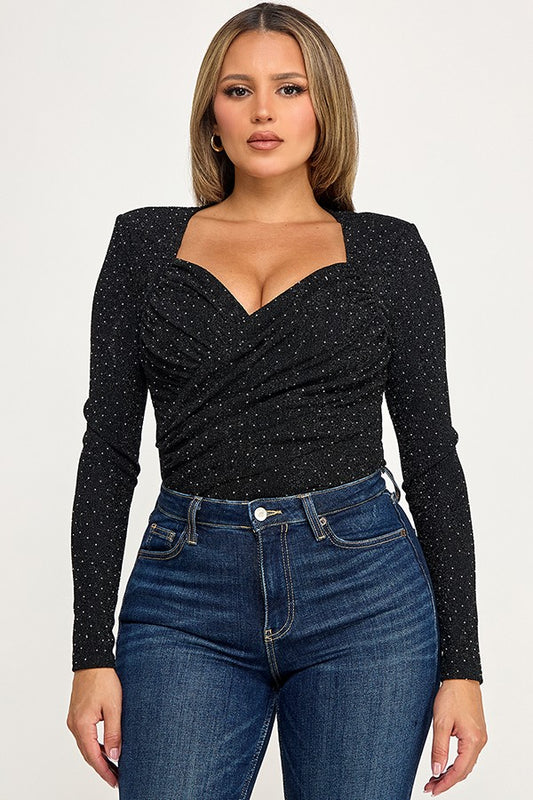 Long Sleeve Surplice Metallic Bodysuit