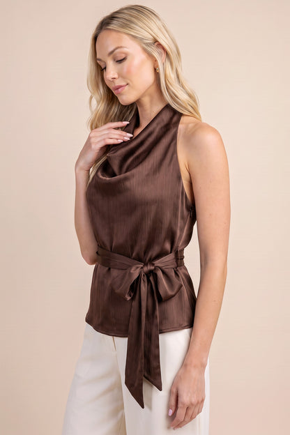Cowl Satin Halter Top With Waist Tie