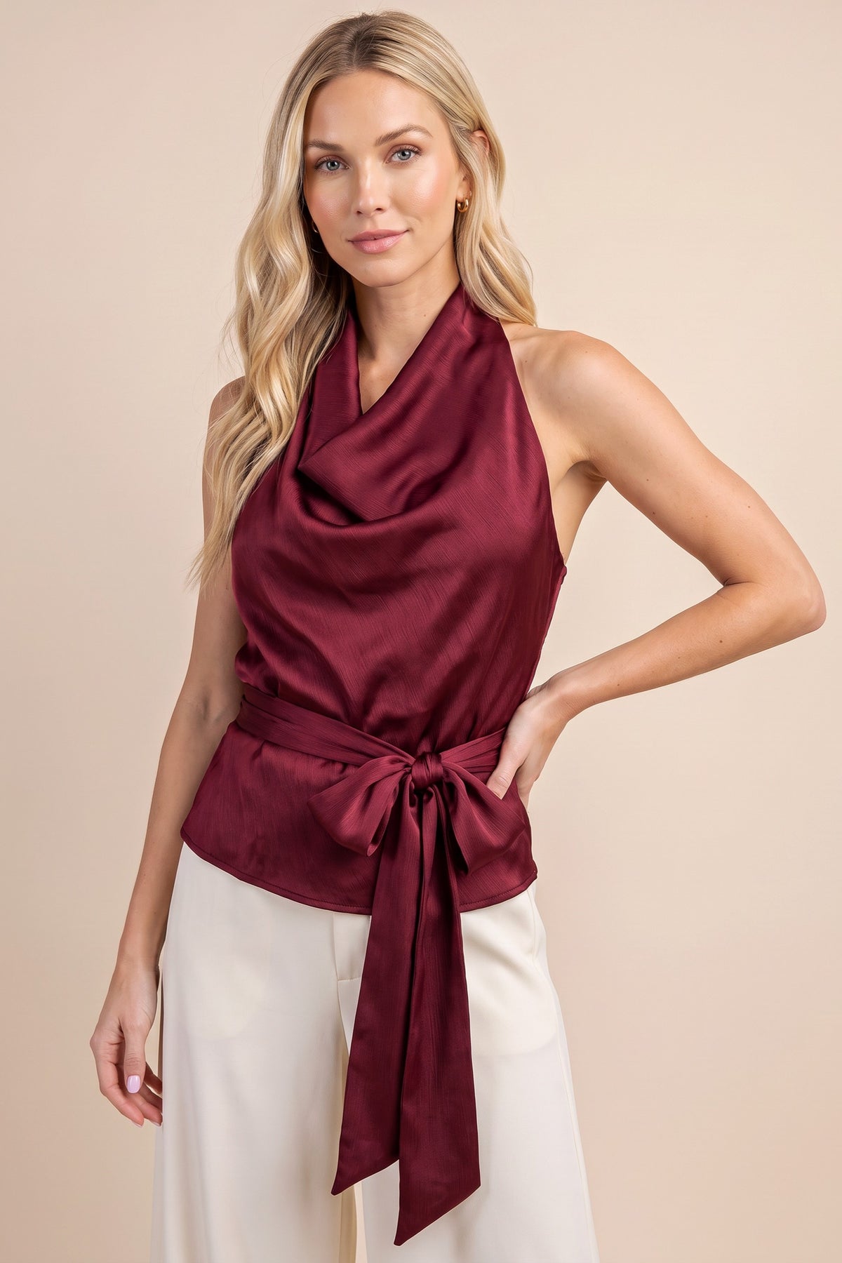 Cowl Satin Halter Top With Waist Tie