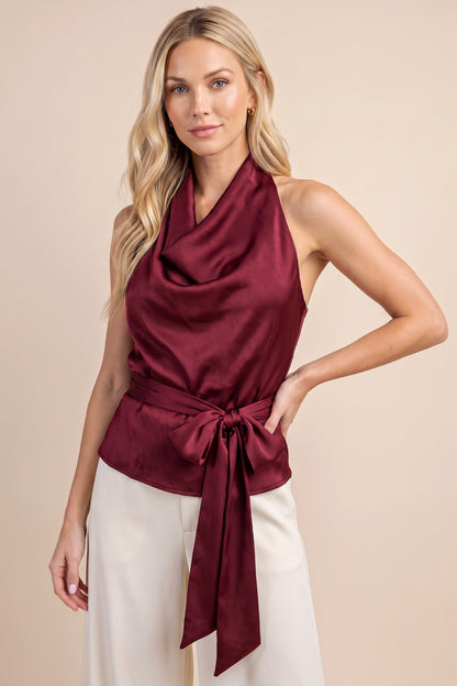Cowl Satin Halter Top With Waist Tie