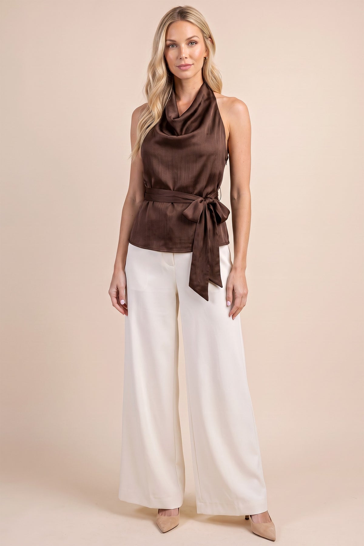 Cowl Satin Halter Top With Waist Tie