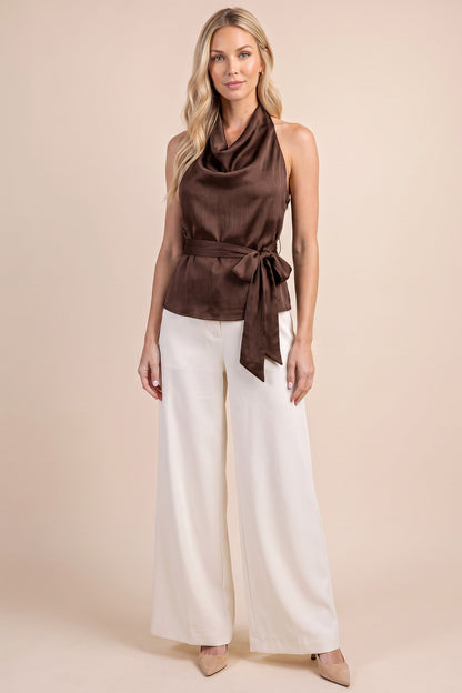 Cowl Satin Halter Top With Waist Tie