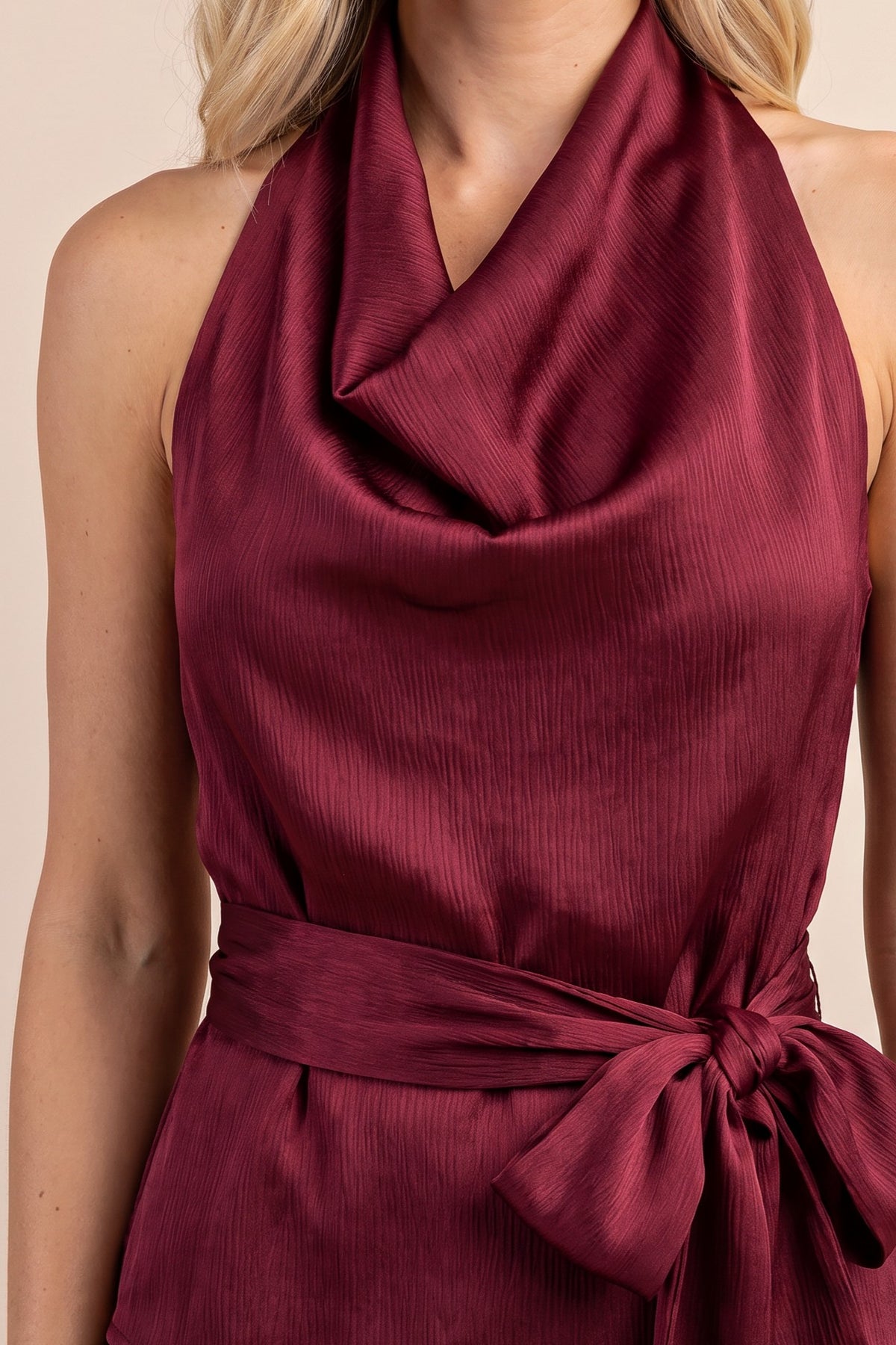 Cowl Satin Halter Top With Waist Tie