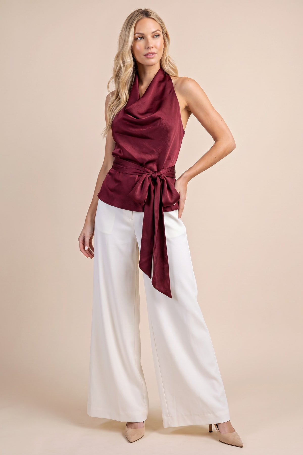 Cowl Satin Halter Top With Waist Tie
