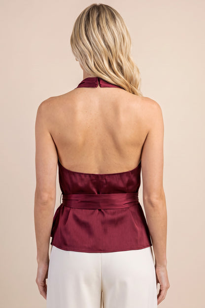 Cowl Satin Halter Top With Waist Tie