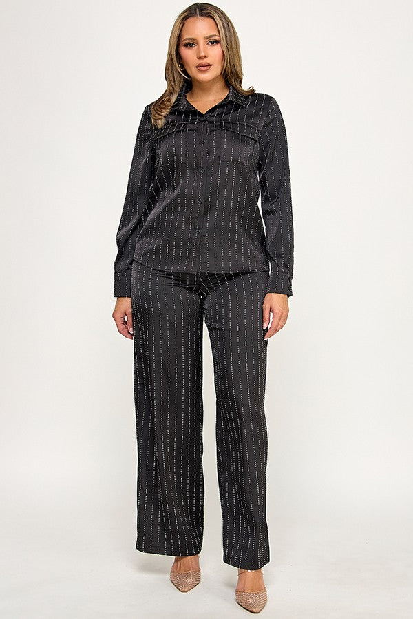2pc set- vertical rhinestone stripe button up top & pants