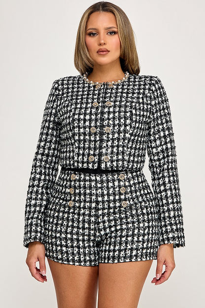 2pc set- houndstooth sequin tweed crop jacket & shorts