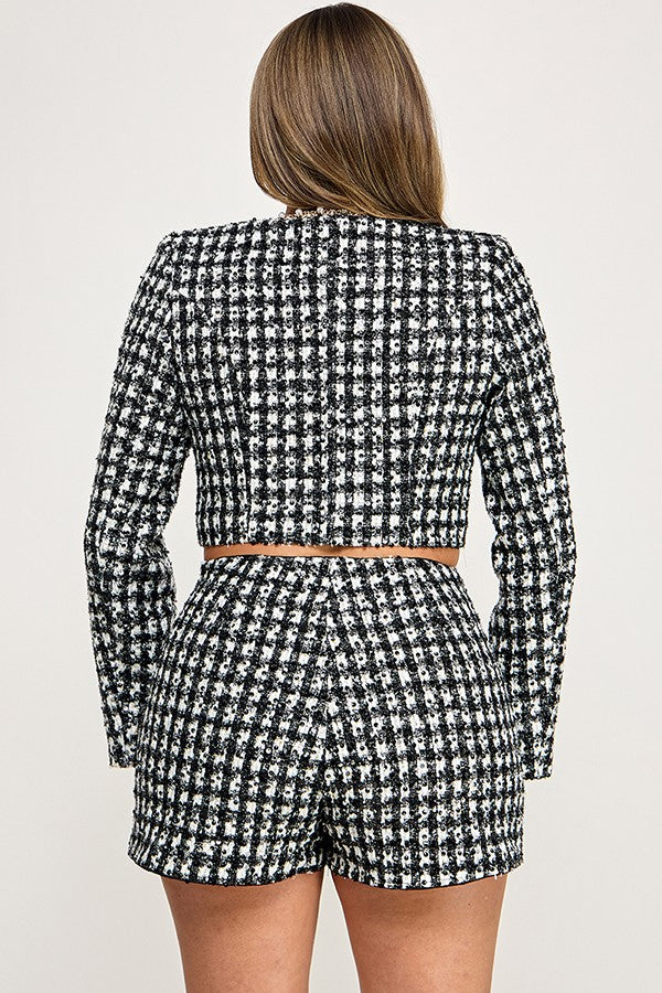 2pc set- houndstooth sequin tweed crop jacket & shorts