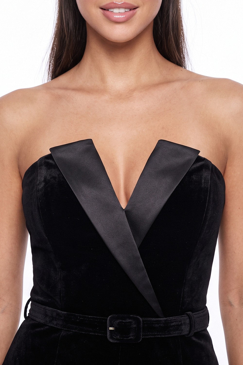Strapless Velvet Jumpsuit With Belt