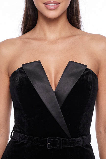 Strapless Velvet Jumpsuit With Belt