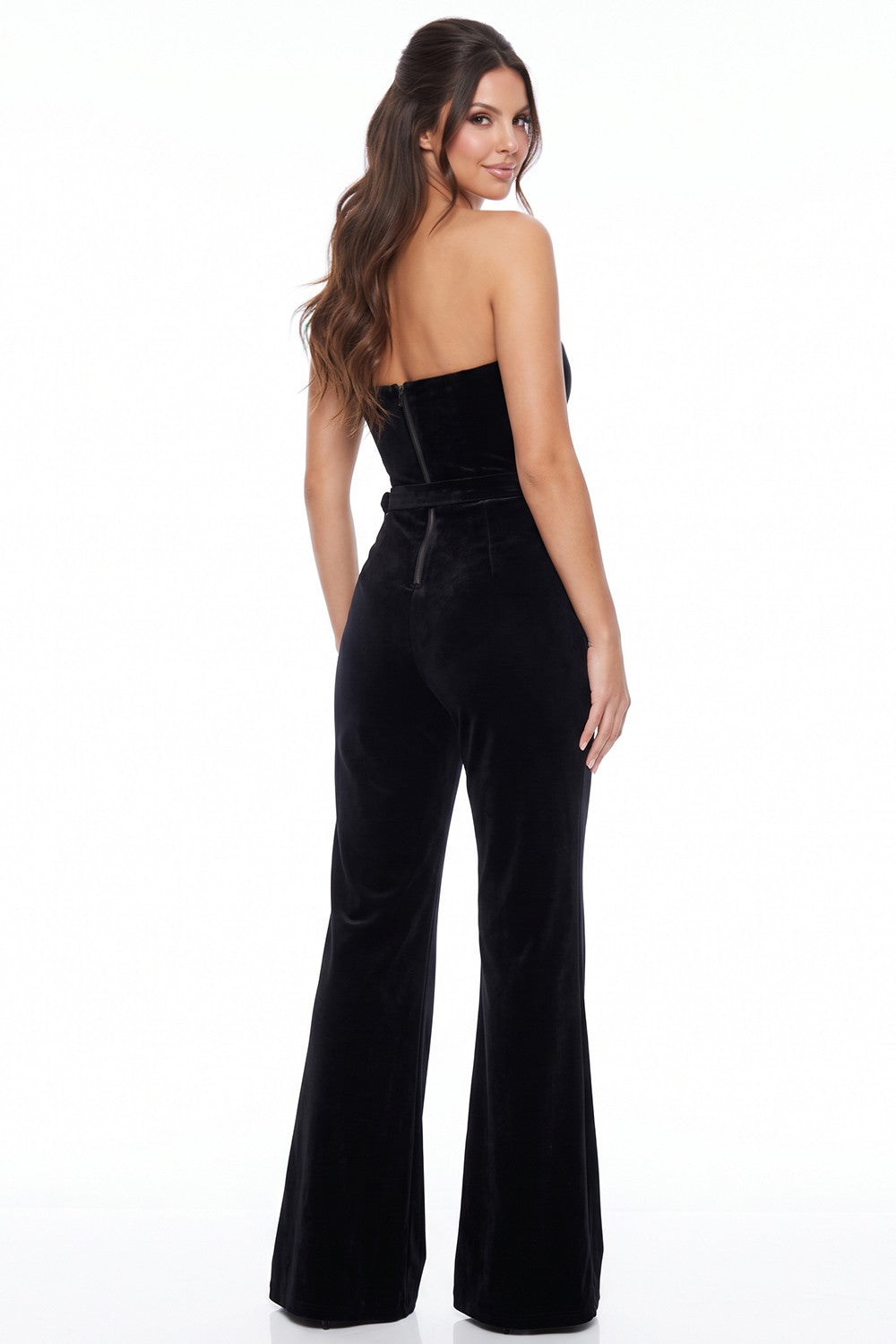 Strapless Velvet Jumpsuit With Belt