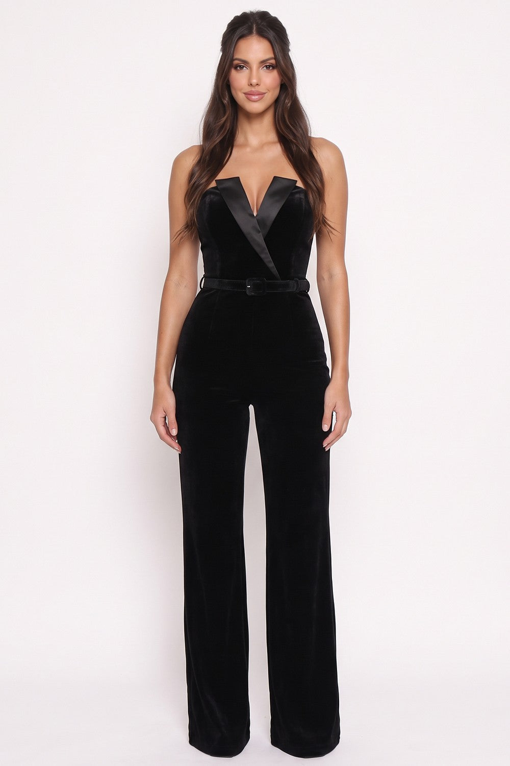 Strapless Velvet Jumpsuit With Belt