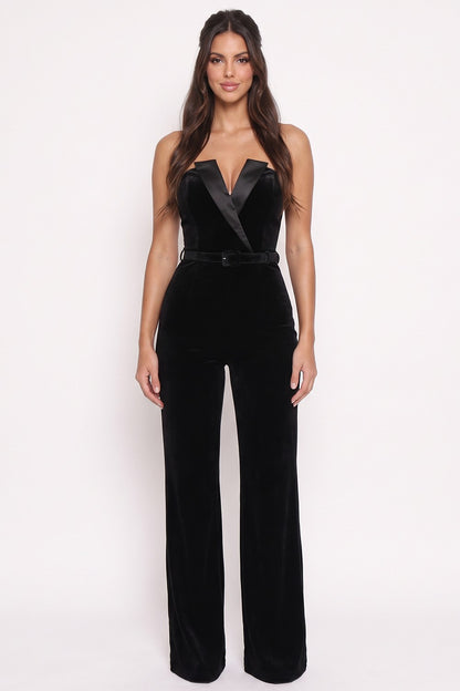 Strapless Velvet Jumpsuit With Belt