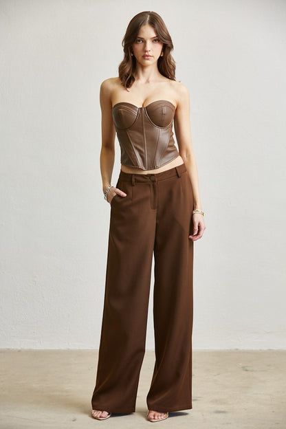 2pc set- fuax leather strapless corset top & wide leg pants
