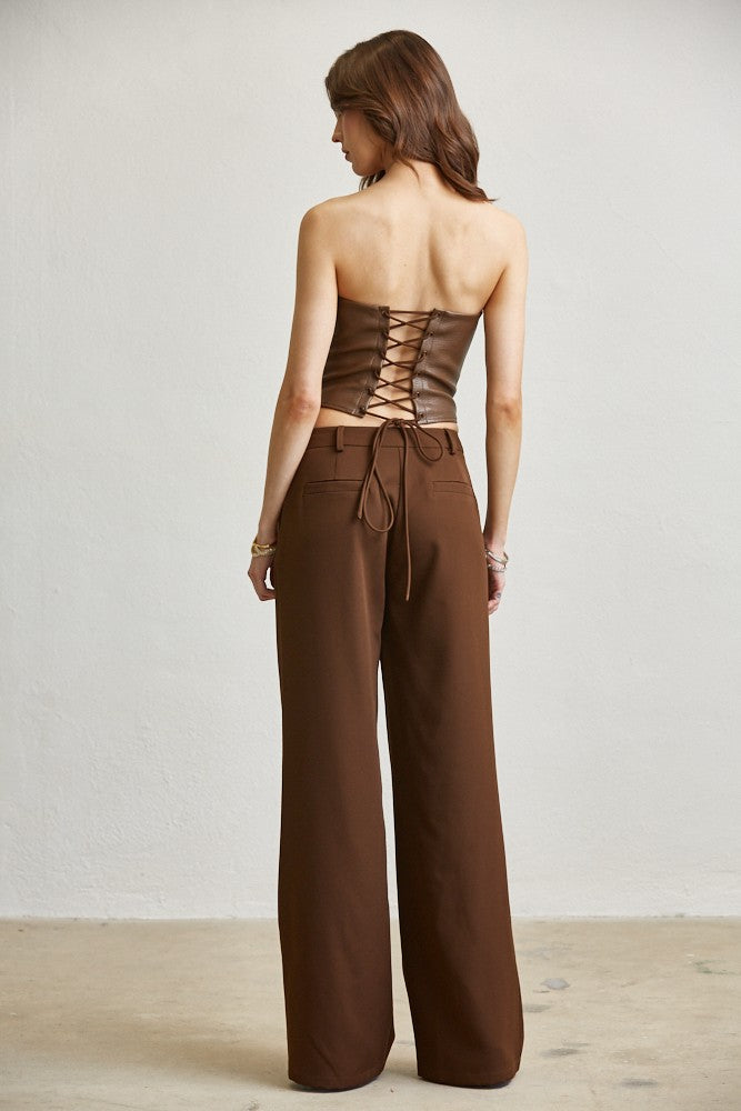 2pc set- fuax leather strapless corset top & wide leg pants