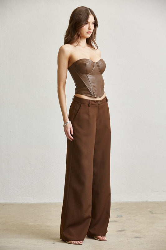 2pc set- fuax leather strapless corset top & wide leg pants