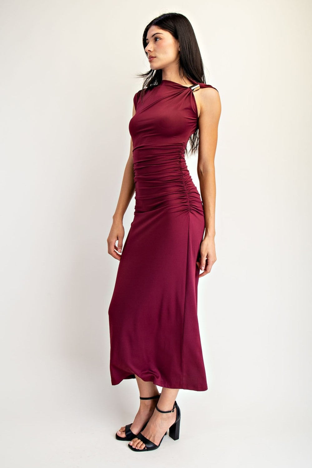 Metal Ring Strap Ruched Midi Dress