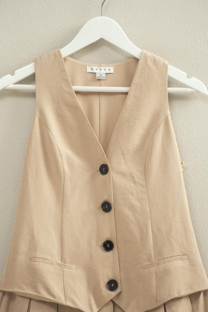 V-neck Buttoned Vest With Pleated Skirt Dress