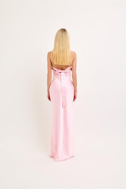 bow back satin maxi dress
