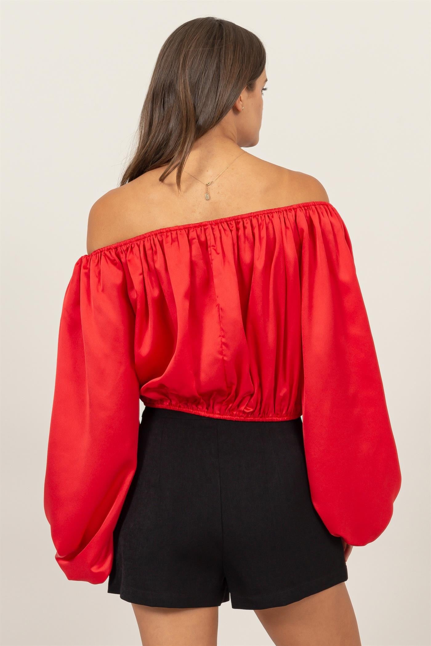 satin off the shoulder balloon sleeve top