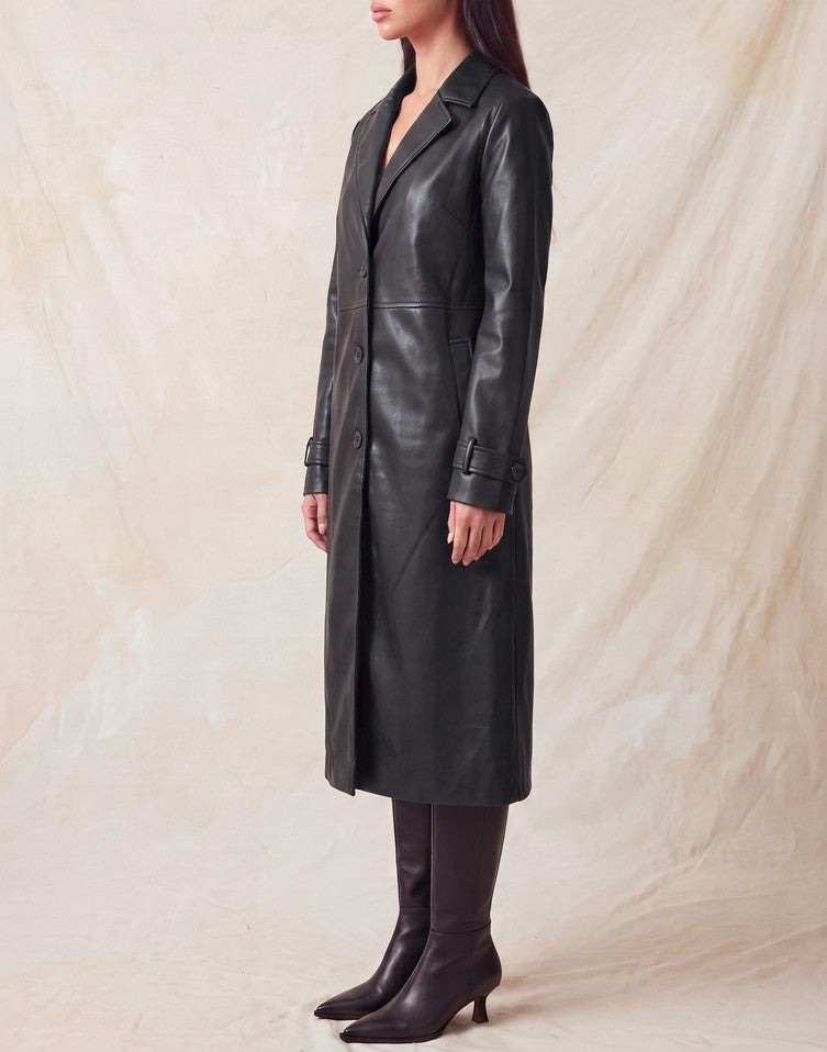 Faux Leather Notch Trench Coat