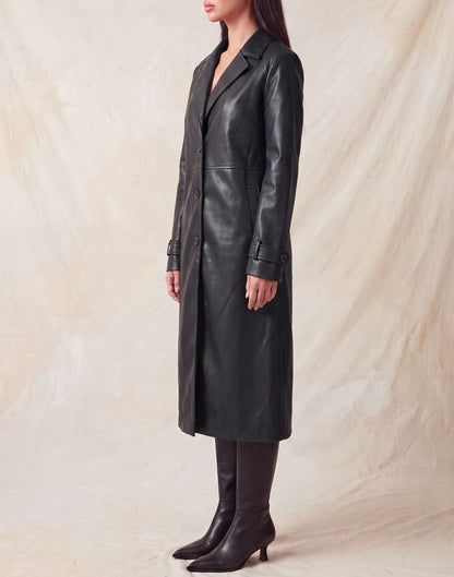 Faux Leather Notch Trench Coat