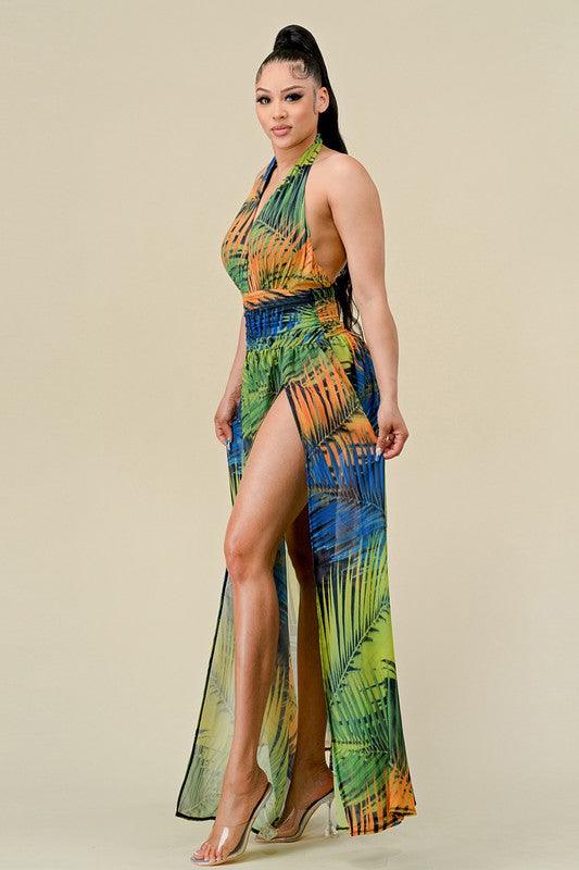 tropical palm halter maxi dress - alomfejto