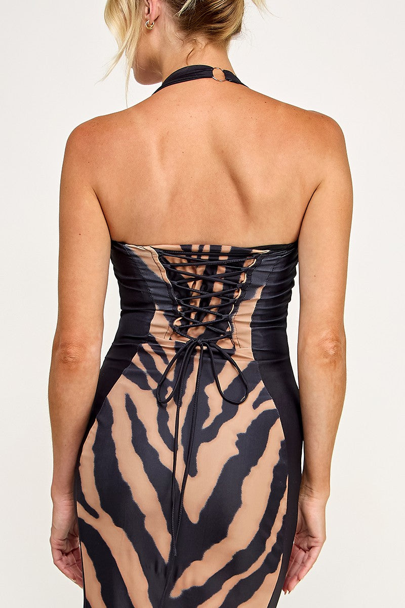 Scuba Tiger Corset Halter Sleeveless Midi Dress