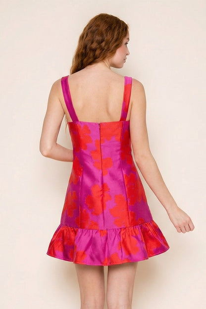 Square Neck Ruffle Hem Jacquard Mini Dress