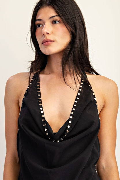 Studded Cowl Neck Halter Top