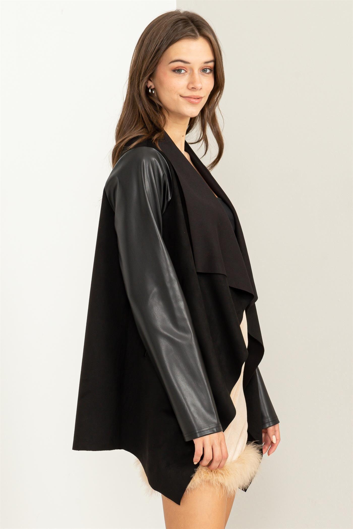 faux suede open jacket w/PU leather sleeves - RK Collections Boutique