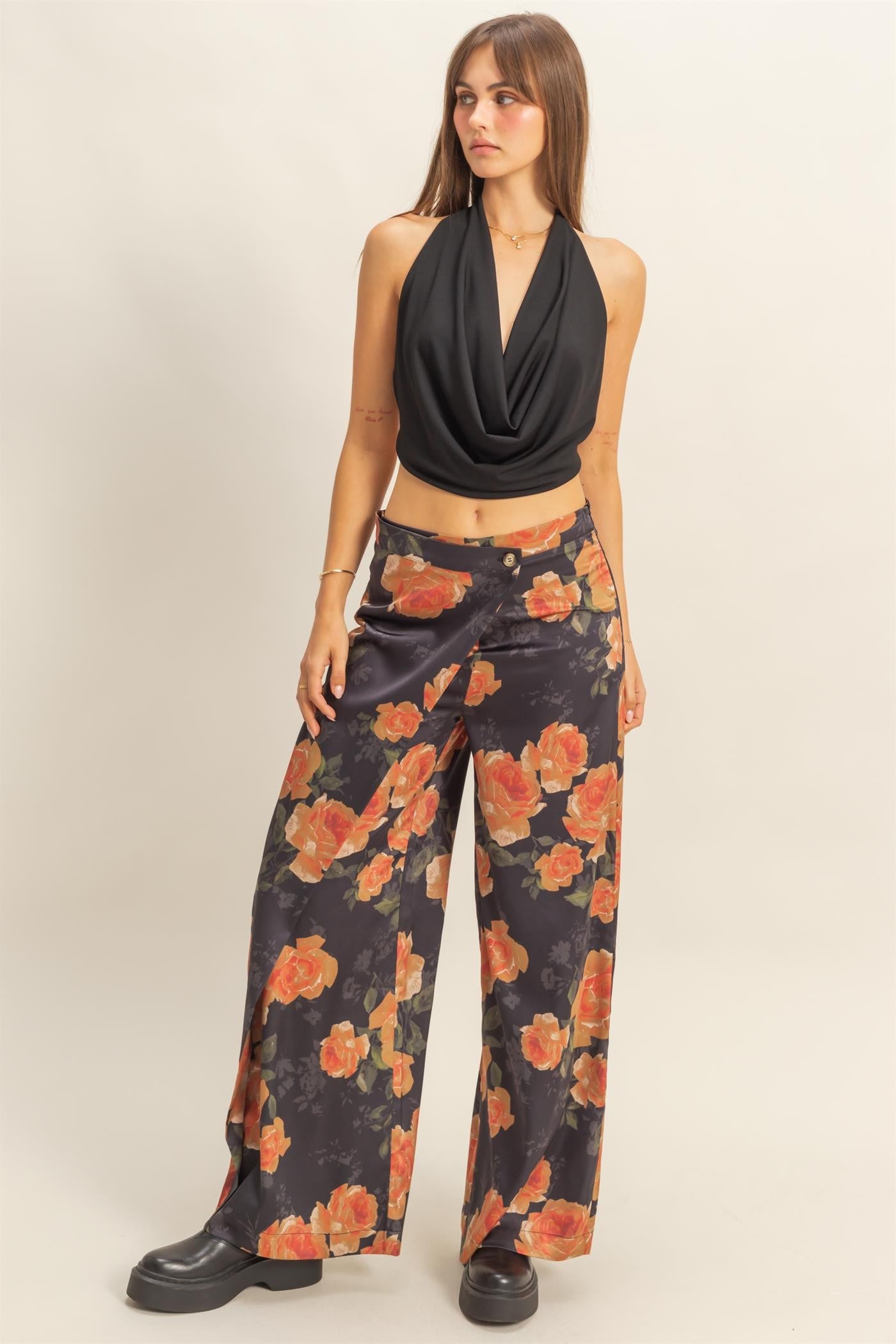floral satin wide leg pants