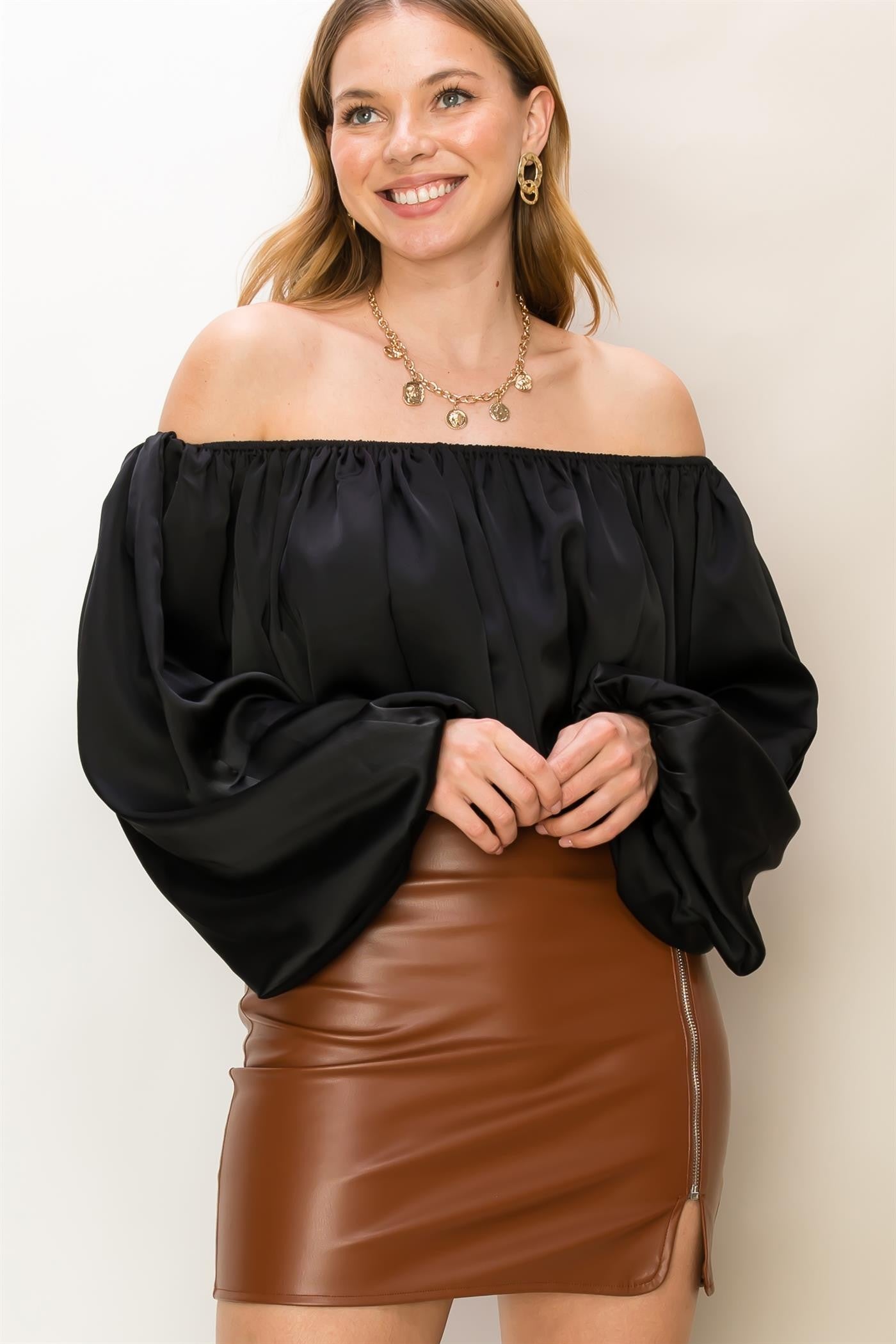 satin off the shoulder balloon sleeve top