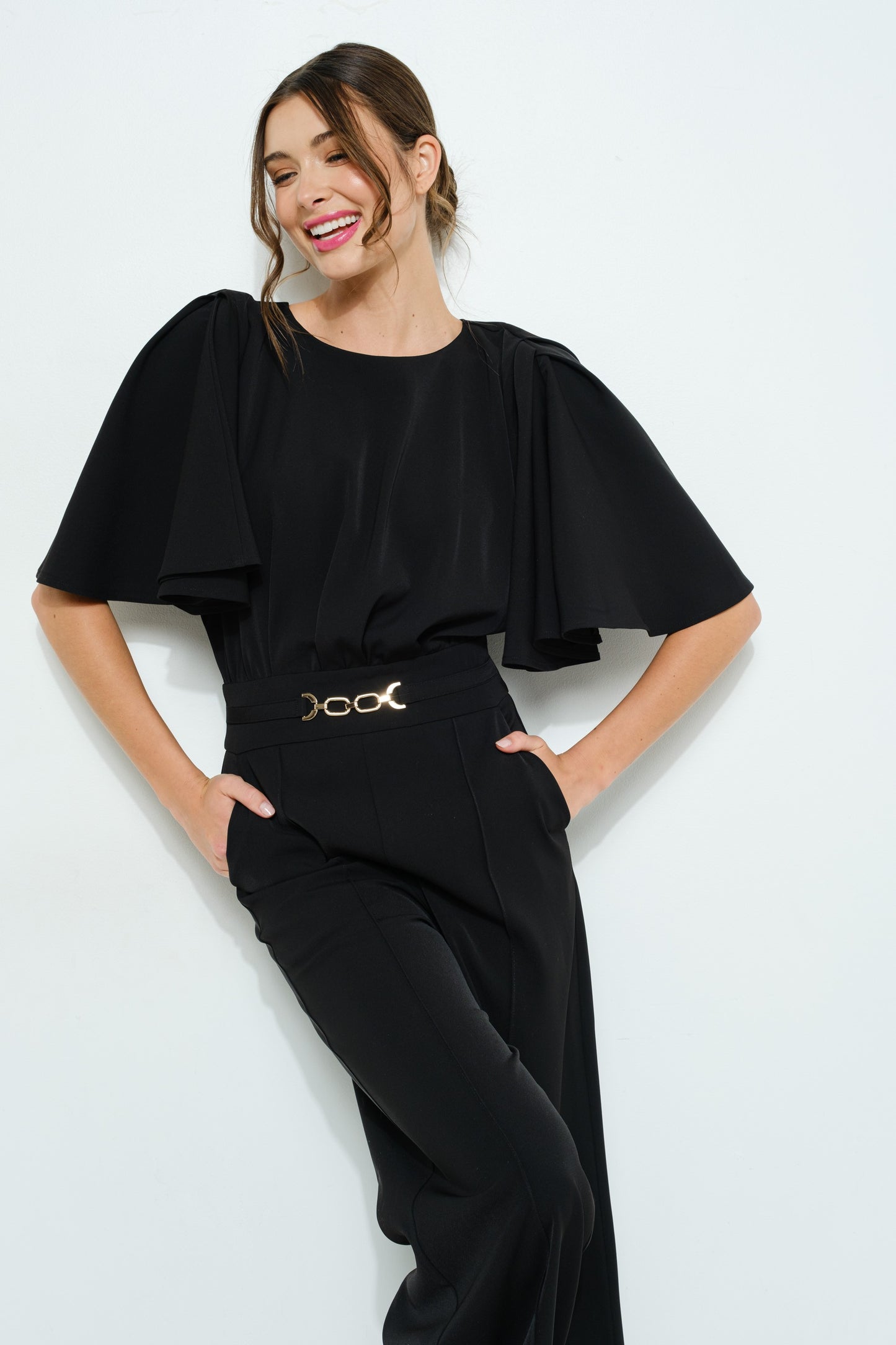 Flutter Kimono Sleeve Buckle Detail Wide Jumpsuit